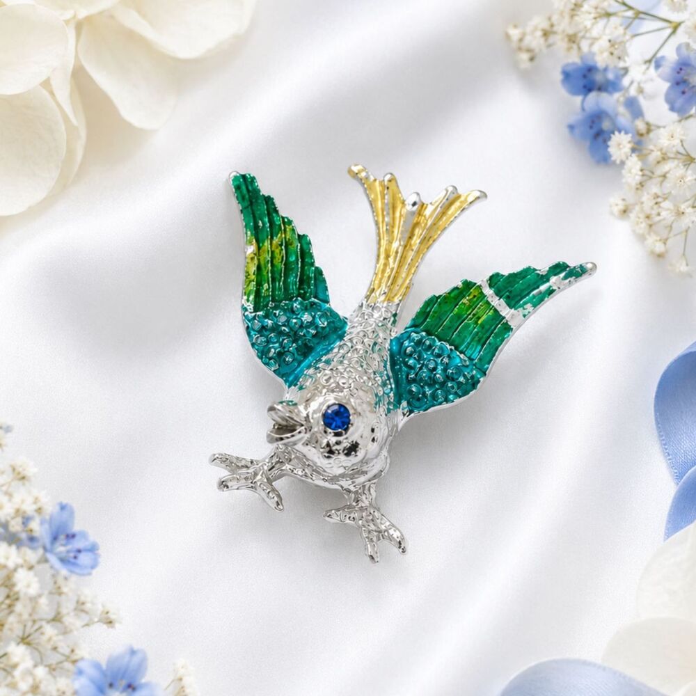 Vintage Painted Silver Tone Bird Pin Brooch